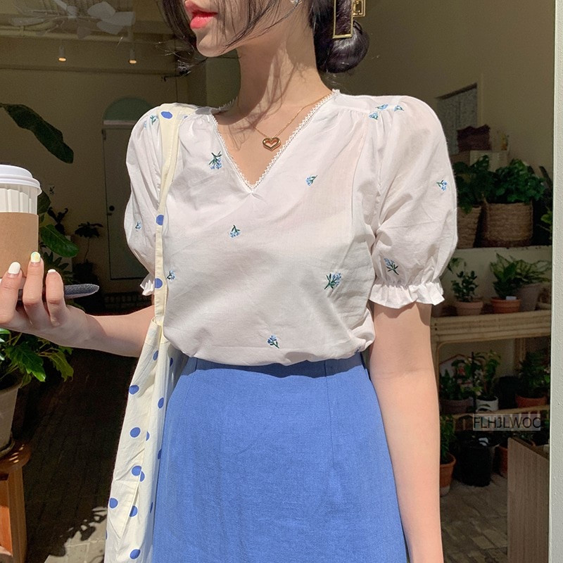 Mieli prašmatnūs palaidinės, mielos mergaičių šventės, dėvėjimas pasimatymams, moterims, pūstomis rankovėmis Korėja Japonijos stilius Lolita, siuvinėjimas, balti marškiniai, palaidinė Flhjlwoc