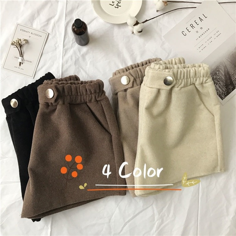 Moteriški šortai vilnoniai korėjietiško stiliaus elastiniai aukštu juosmeniu laisvi elegantiški moteriški viršutiniai drabužiai Nauji rudeniniai žieminiai moteriški elegantiški, solidūs laisvalaikio drabužiai