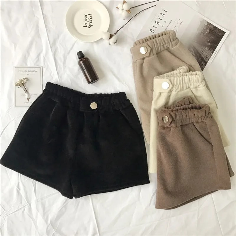 Moteriški šortai vilnoniai korėjietiško stiliaus elastiniai aukštu juosmeniu laisvi elegantiški moteriški viršutiniai drabužiai Nauji rudeniniai žieminiai moteriški elegantiški, solidūs laisvalaikio drabužiai