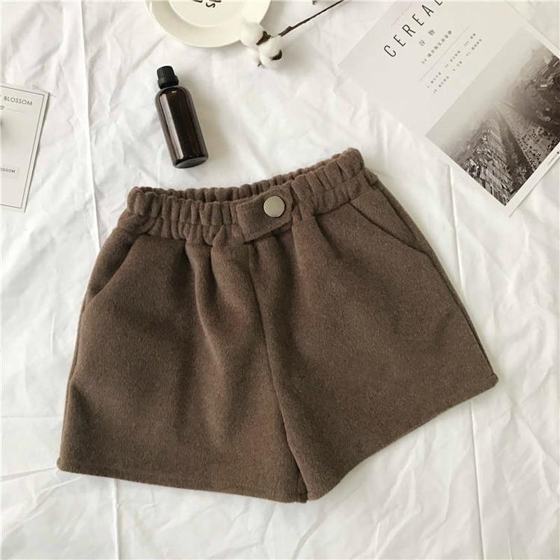Moteriški šortai vilnoniai korėjietiško stiliaus elastiniai aukštu juosmeniu laisvi elegantiški moteriški viršutiniai drabužiai Nauji rudeniniai žieminiai moteriški elegantiški, solidūs laisvalaikio drabužiai