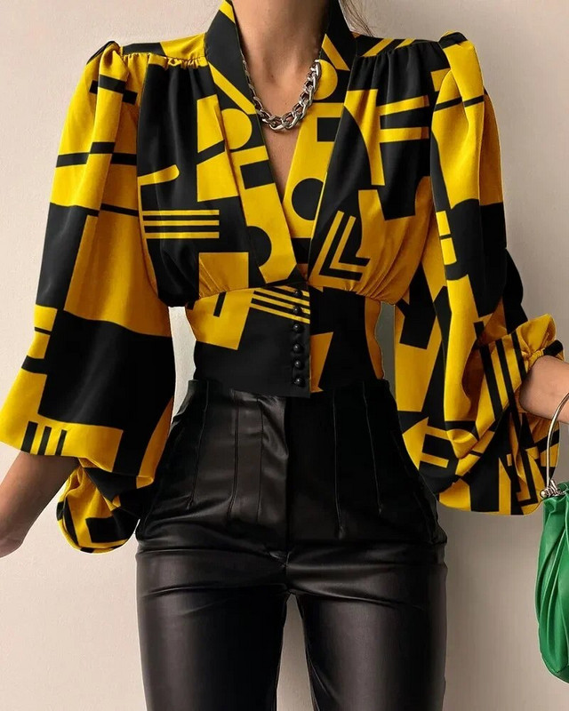 2024 m. pavasario satino moteriška palaidinė Raudona ilgomis Žibintinėmis rankovėmis sagomis V formos iškirpte Elegantiški moteriški marškiniai Pavasario mados vintažinis moteriškas viršus