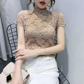 Ženske čipkaste bluze majice Ženske elegantne majice kratkih rukava s cvjetnim vezom Ženske seksi prozirne bluze za koktel zabave