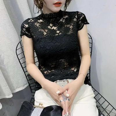 Ženske čipkaste bluze majice Ženske elegantne majice kratkih rukava s cvjetnim vezom Ženske seksi prozirne bluze za koktel zabave