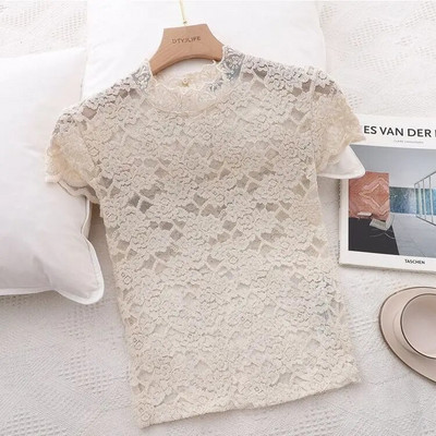 Ženske čipkaste bluze majice Ženske elegantne majice kratkih rukava s cvjetnim vezom Ženske seksi prozirne bluze za koktel zabave