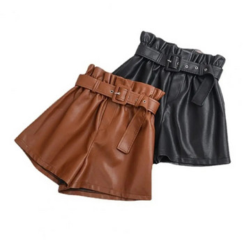 Дамски къси панталони с плътен цвят от изкуствена кожа, широки летни къси панталони с висока талия и широки крачоли Дамски дрехи