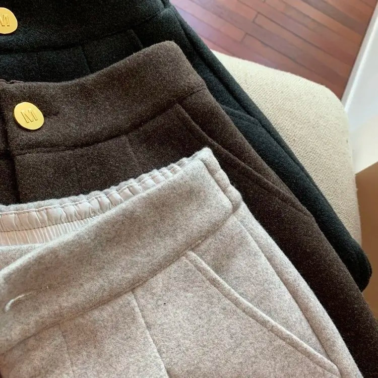 Modne korejske kratke hlače širokih nogavica jesen zima, crne, zadebljane vunene kratke hlače za žene, ležerne kratke femme Y2k 