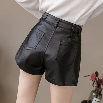 Есенно-зимни черни пънк дамски къси панталони от изкуствена кожа с цип и широки къси панталони с висока талия Елегантни женски шикозни ежедневни улични дрехи