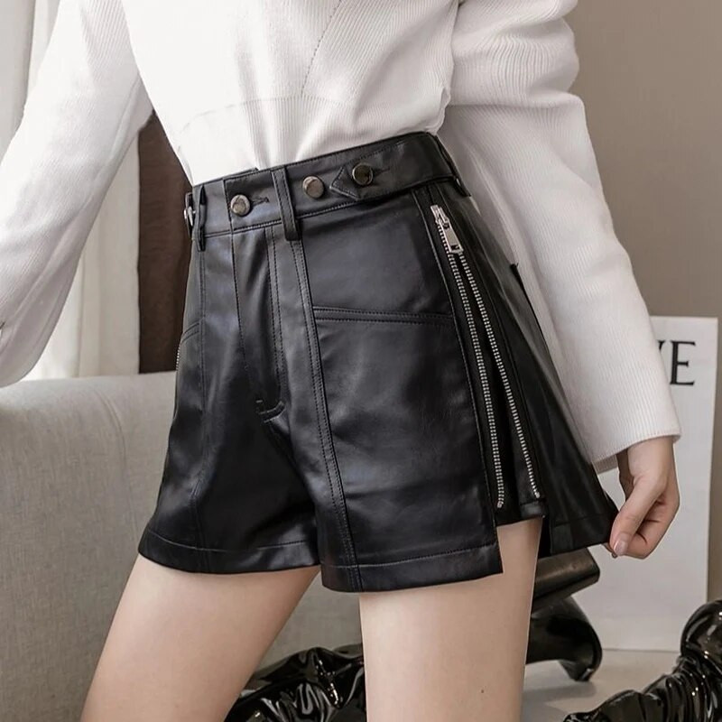 Jesen Zima Crne Punk Punk Ženske kratke hlače s patentnim zatvaračem Visoki struk Široke kratke hlače Elegantne ženske šik dnevne ulične odjeće