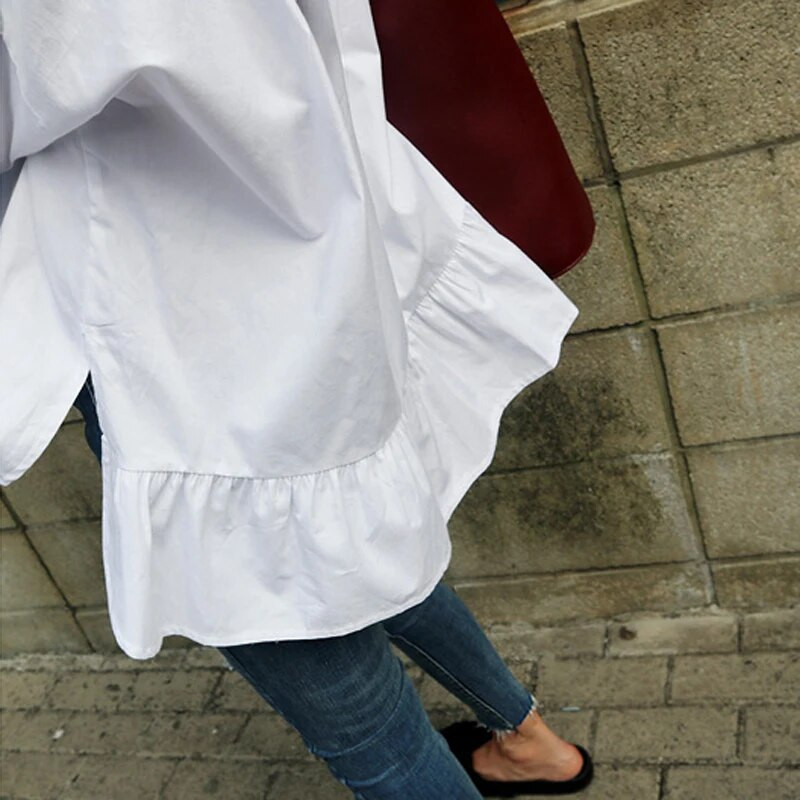 BGTEEVER Ženske rubne rubove s ovratnikom na dolje Bijele košulje s manžetama Široke bluze Ženska košulja Ležerne majice Blusas 2019.