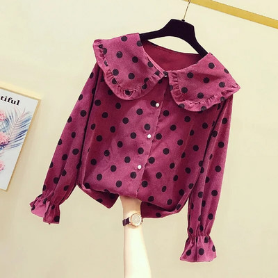 Femei de primăvară Bluză cu volan cu buline Cămăși elegante Cămașă cu mânecă lungă de damă cu nasturi Pulover Topuri casual Femei Plus Size