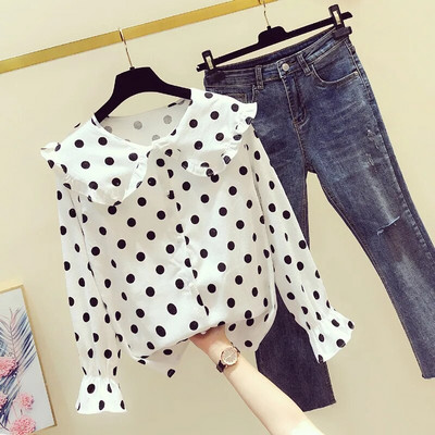 Femei de primăvară Bluză cu volan cu buline Cămăși elegante Cămașă cu mânecă lungă de damă cu nasturi Pulover Topuri casual Femei Plus Size