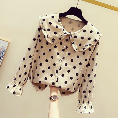 Femei de primăvară Bluză cu volan cu buline Cămăși elegante Cămașă cu mânecă lungă de damă cu nasturi Pulover Topuri casual Femei Plus Size