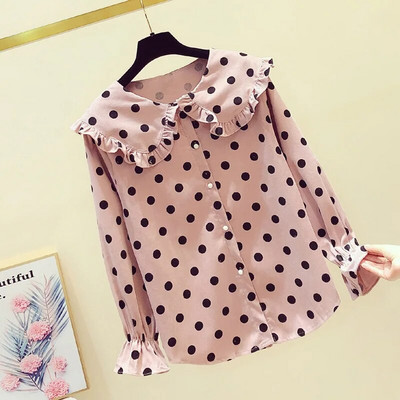 Femei de primăvară Bluză cu volan cu buline Cămăși elegante Cămașă cu mânecă lungă de damă cu nasturi Pulover Topuri casual Femei Plus Size