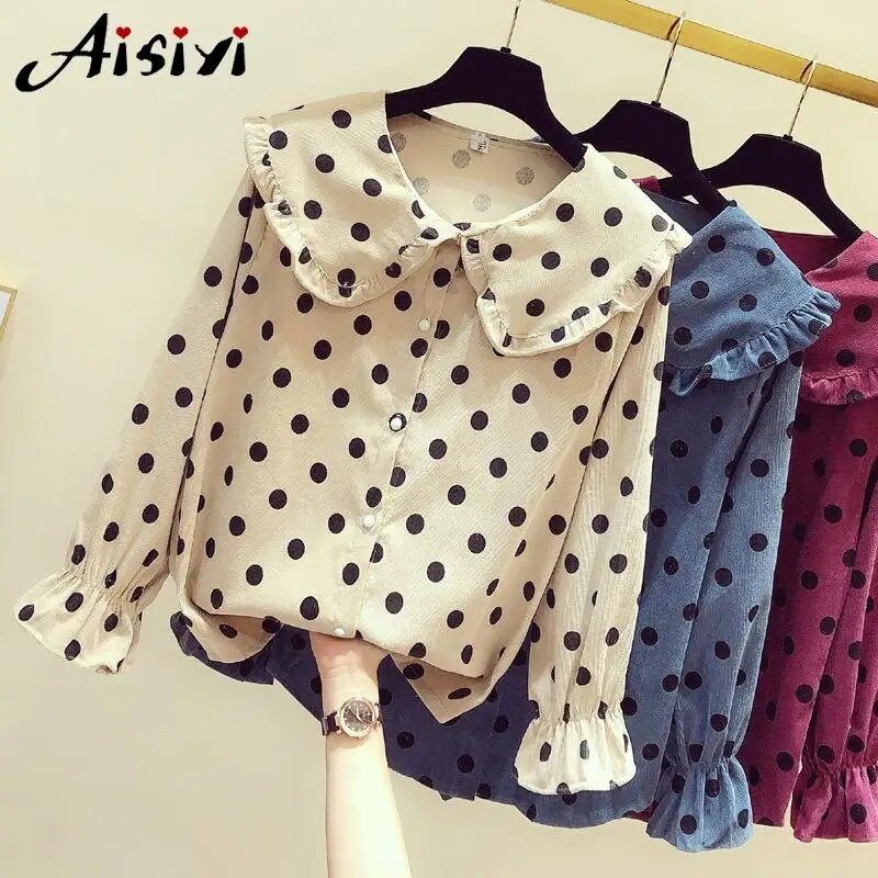 Femei de primăvară Bluză cu volan cu buline Cămăși elegante Cămașă cu mânecă lungă de damă cu nasturi Pulover Topuri casual Femei Plus Size