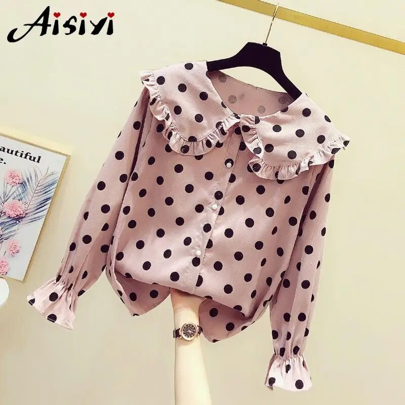 Femei de primăvară Bluză cu volan cu buline Cămăși elegante Cămașă cu mânecă lungă de damă cu nasturi Pulover Topuri casual Femei Plus Size
