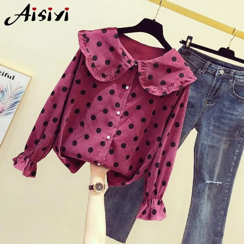 Femei de primăvară Bluză cu volan cu buline Cămăși elegante Cămașă cu mânecă lungă de damă cu nasturi Pulover Topuri casual Femei Plus Size