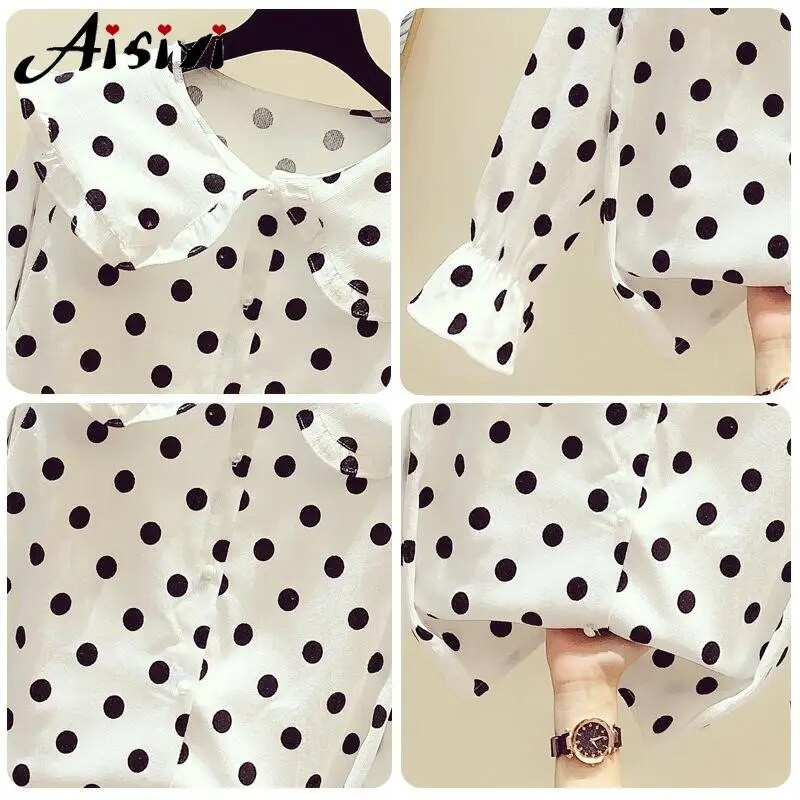 Femei de primăvară Bluză cu volan cu buline Cămăși elegante Cămașă cu mânecă lungă de damă cu nasturi Pulover Topuri casual Femei Plus Size