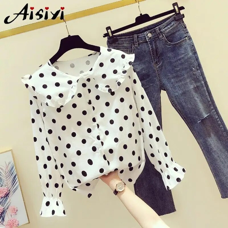 Femei de primăvară Bluză cu volan cu buline Cămăși elegante Cămașă cu mânecă lungă de damă cu nasturi Pulover Topuri casual Femei Plus Size