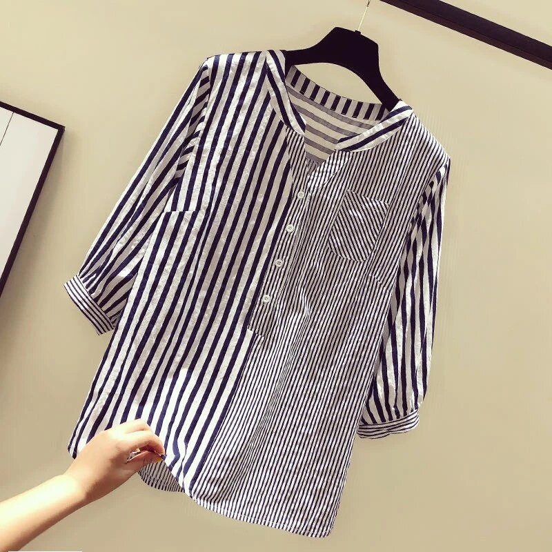 Noua sosire de primăvară Coreea de modă pentru femei 3/4 mâneci ocazionale cămăși cu decolteu în V Bluze largi cu dungi cu totul asortate Topuri pentru damă S89
