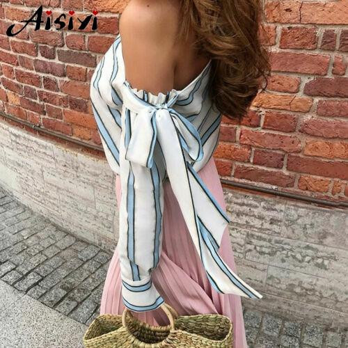 Ženska bluza i gornji dijelovi Ženska ljetna modna ležerna široka prugasta košulja s otvorenim ramenima Bijela bluza dugih rukava Seksi bluza s mašnom