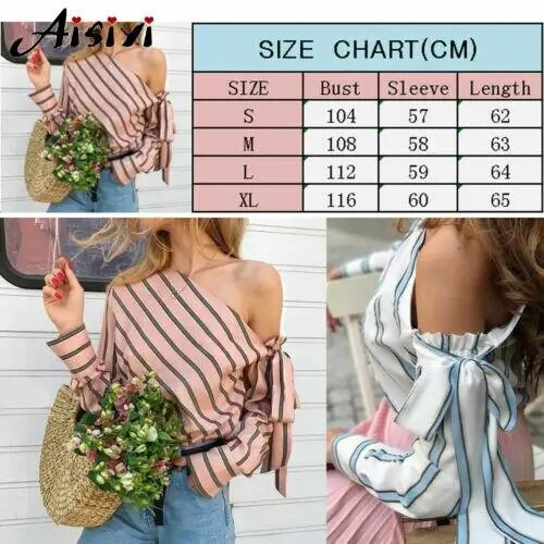 Ženska bluza i gornji dijelovi Ženska ljetna modna ležerna široka prugasta košulja s otvorenim ramenima Bijela bluza dugih rukava Seksi bluza s mašnom