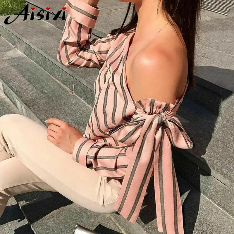 Ženska bluza i gornji dijelovi Ženska ljetna modna ležerna široka prugasta košulja s otvorenim ramenima Bijela bluza dugih rukava Seksi bluza s mašnom