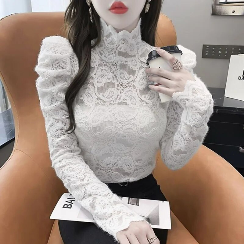 Elegantiškas vėžlys, susilanksto raukiniai, tuščiaviduriai nėriniuota palaidinė Moteriški drabužiai 2023 m. rudens nauji kasdieniai megztiniai korėjietiški marškiniai pūstomis rankovėmis