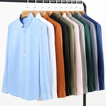 Мъжки класически еластични копринени едноцветни ризи с дълъг ръкав без джоб Стандартна форма за официална бизнес работа Ежедневна офис риза