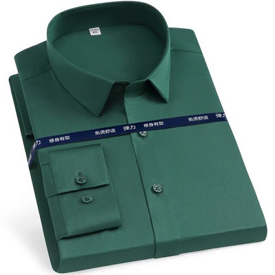Cămașă pentru bărbați, clasică, elastică, mătăsoasă, cu mânecă lungă, solidă, fără buzunar, cămașă ocazională, formală, de afaceri, de birou
