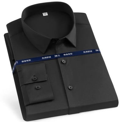 Cămașă pentru bărbați, clasică, elastică, mătăsoasă, cu mânecă lungă, solidă, fără buzunar, cămașă ocazională, formală, de afaceri, de birou