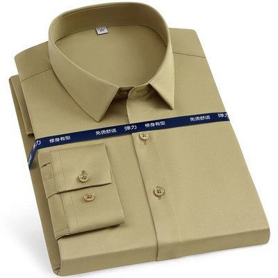 Cămașă pentru bărbați, clasică, elastică, mătăsoasă, cu mânecă lungă, solidă, fără buzunar, cămașă ocazională, formală, de afaceri, de birou