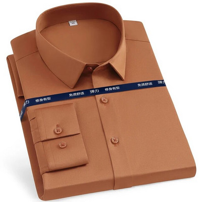 Cămașă pentru bărbați, clasică, elastică, mătăsoasă, cu mânecă lungă, solidă, fără buzunar, cămașă ocazională, formală, de afaceri, de birou