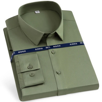 Cămașă pentru bărbați, clasică, elastică, mătăsoasă, cu mânecă lungă, solidă, fără buzunar, cămașă ocazională, formală, de afaceri, de birou