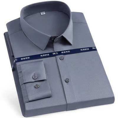 Cămașă pentru bărbați, clasică, elastică, mătăsoasă, cu mânecă lungă, solidă, fără buzunar, cămașă ocazională, formală, de afaceri, de birou