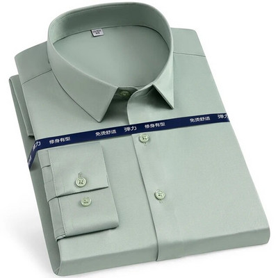 Cămașă pentru bărbați, clasică, elastică, mătăsoasă, cu mânecă lungă, solidă, fără buzunar, cămașă ocazională, formală, de afaceri, de birou