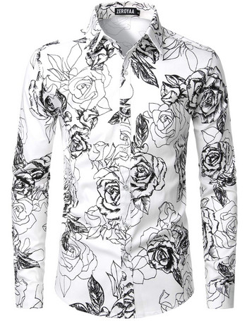 Флорални ризи Мъжка модна риза с дълъг ръкав Хавайски ризи Куба Плажна блуза Мъжко облекло Мъжки камиси Блузи с тропически растения