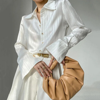 Корейска модна шифонена риза Дамски елегантни ежедневни дамски топове с дълъг ръкав Свободни едноредни ризи Блузи Едноцветни Q5565