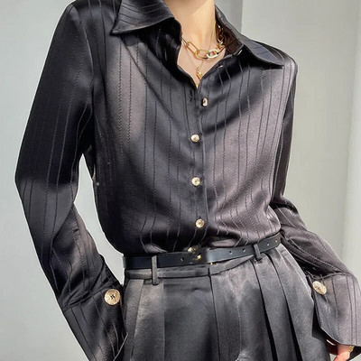 Korėjietiški madingi šifoniniai marškiniai moteriški Elegantiški laisvalaikio moteriški viršutiniai marškiniai ilgomis rankovėmis Laisvi vienaeiliai marškiniai Palaidinės Vienspalviai Q5565