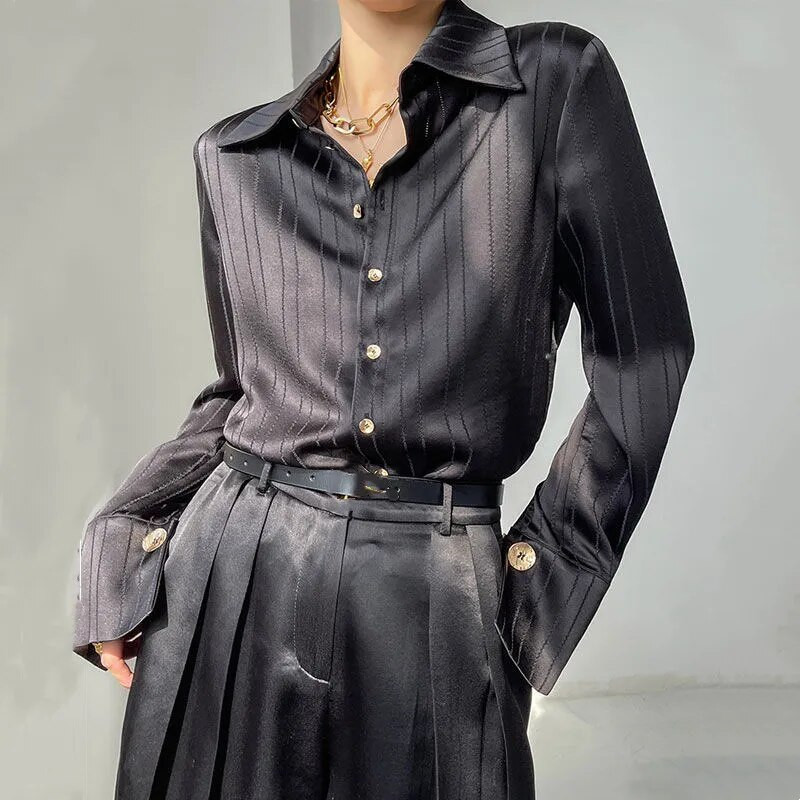 Korėjietiški madingi šifoniniai marškiniai moteriški Elegantiški laisvalaikio moteriški viršutiniai marškiniai ilgomis rankovėmis Laisvi vienaeiliai marškiniai Palaidinės Vienspalviai Q5565