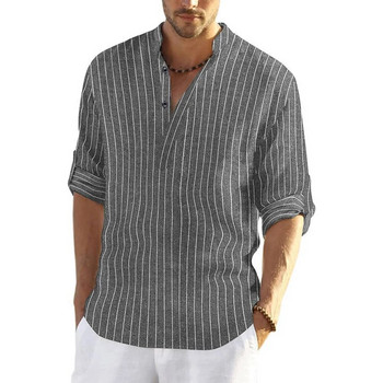 Мъжки раирани ризи, горнища, ретро без яка, стил на дядо, ежедневни хипи, копчета, широка тениска с яка, модна ретро