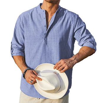 Ανδρικά πουκάμισα με ρίγες μπλούζες ρετρό χωρίς γιακά σε στυλ παππού casual Hippy με χαλαρό γιακά μπλουζάκι Μοντέρνο ρετρό