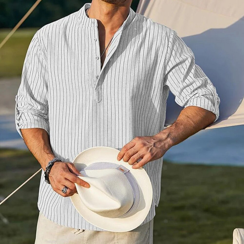 Vyriški dryžuoti marškinėliai Retro be apykaklės, senelio stiliaus laisvalaikio hipio sagutėlė laisva marškinėlių apykaklė Madinga retro