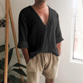 Винтидж имитация на ленена риза Мъжки дишащи ежедневни големи блузи с дълги ръкави Летни мъжки ризи в бохо стил с V деколте 의류 Кофта
