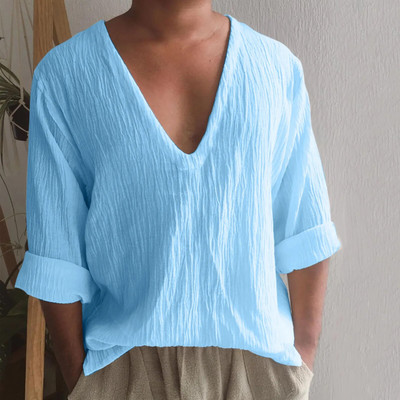 Vintage vászonutánzatú férfi lélegző, alkalmi hosszú ujjú túlméretes felsők nyári V nyakú bohó stílusú férfi ingek 의류 Кофта