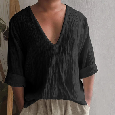 Vintage vászonutánzatú férfi lélegző, alkalmi hosszú ujjú túlméretes felsők nyári V nyakú bohó stílusú férfi ingek 의류 Кофта