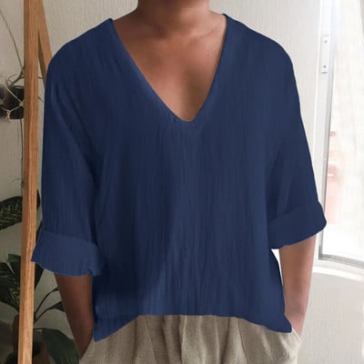 Vintage vászonutánzatú férfi lélegző, alkalmi hosszú ujjú túlméretes felsők nyári V nyakú bohó stílusú férfi ingek 의류 Кофта