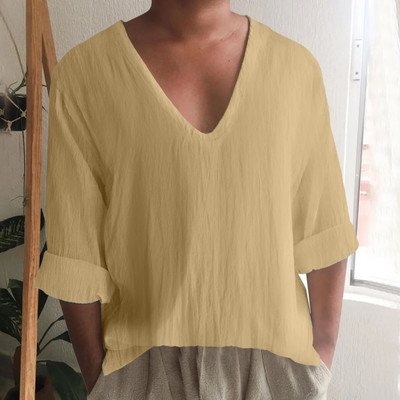 Vintage vászonutánzatú férfi lélegző, alkalmi hosszú ujjú túlméretes felsők nyári V nyakú bohó stílusú férfi ingek 의류 Кофта