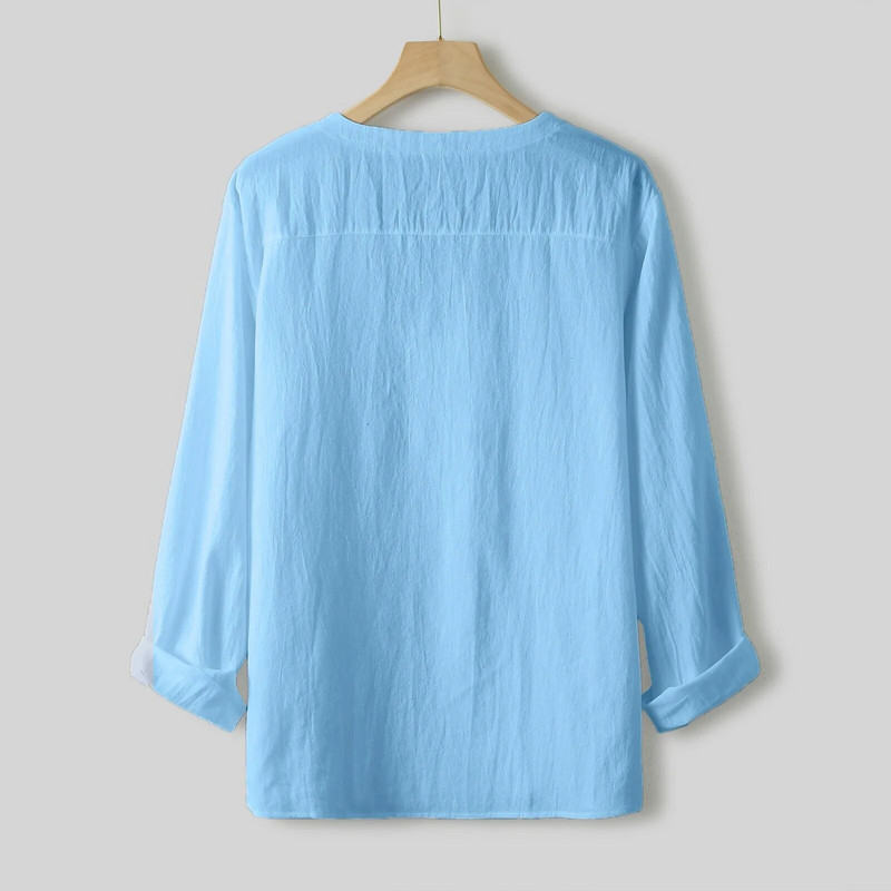 Vintage vászonutánzatú férfi lélegző, alkalmi hosszú ujjú túlméretes felsők nyári V nyakú bohó stílusú férfi ingek 의류 Кофта