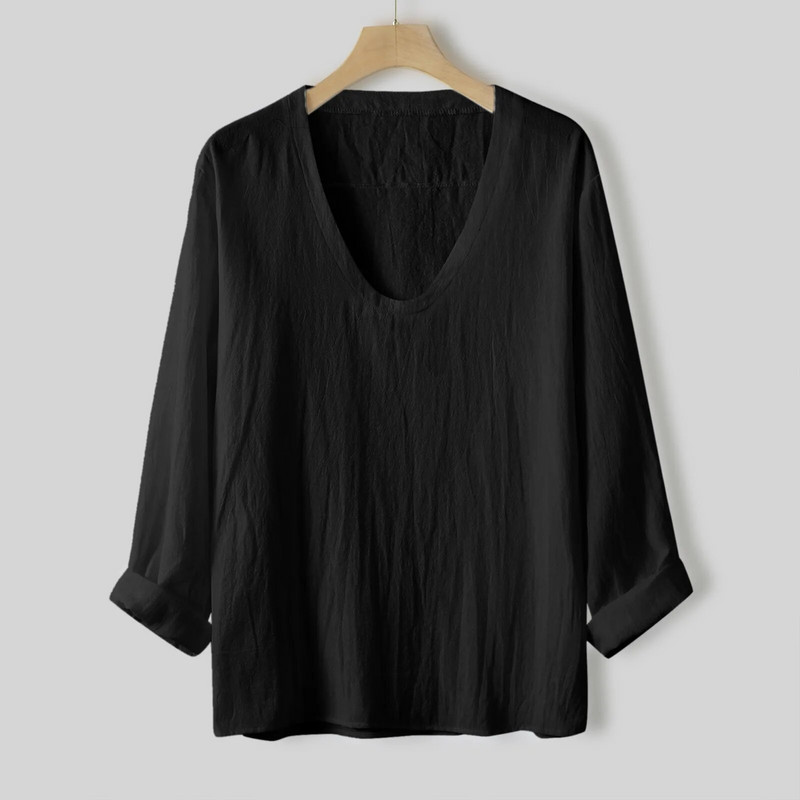 Vintage vászonutánzatú férfi lélegző, alkalmi hosszú ujjú túlméretes felsők nyári V nyakú bohó stílusú férfi ingek 의류 Кофта