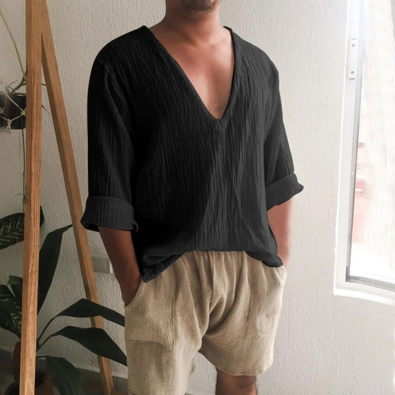 Vintage vászonutánzatú férfi lélegző, alkalmi hosszú ujjú túlméretes felsők nyári V nyakú bohó stílusú férfi ingek 의류 Кофта